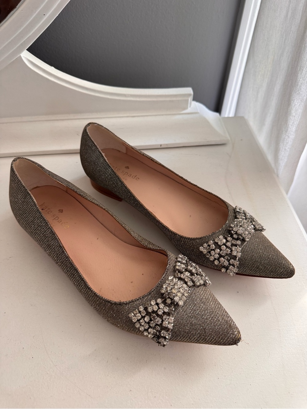 Kate Spade Metallic Pointed-Toe Crystal Bow Flats - Pewter/Gold/Silver - Picture 2 of 7